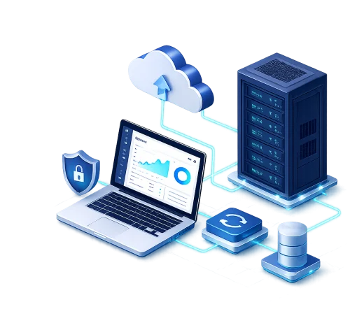 Ilustrație server cloud, laptop și securitate